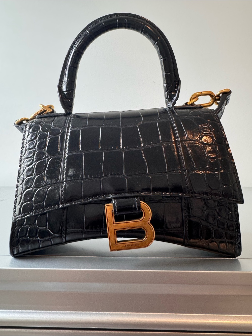 Balenciaga Black Croc-Embossed Satchel with Gold Hardware
